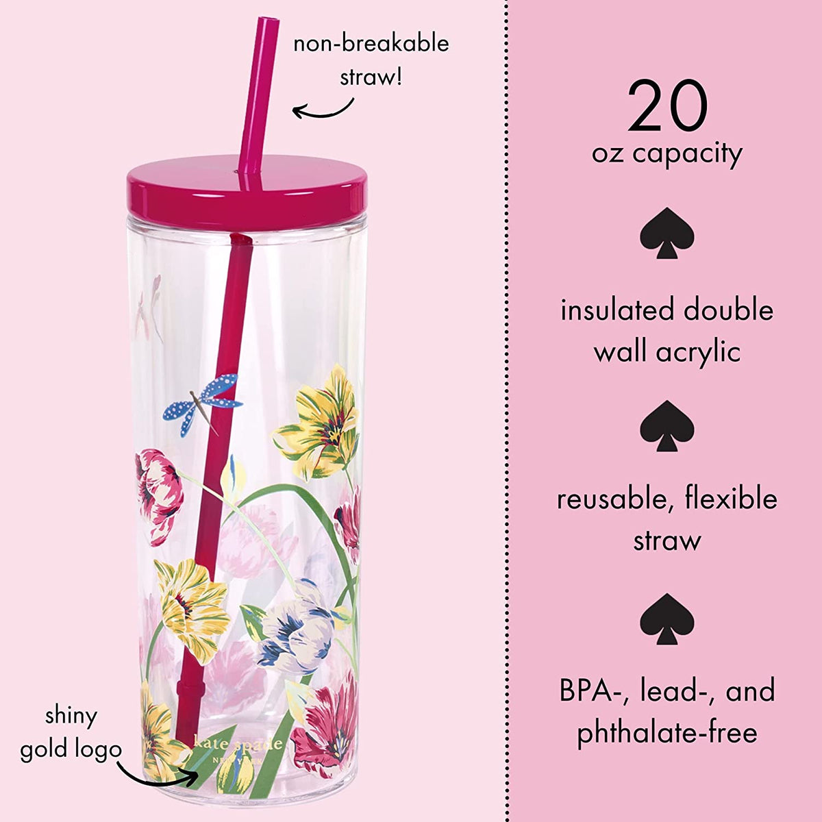 Kate Spade Acrylic Tumbler with Straw Dragonflies and Tulips Hyggerium